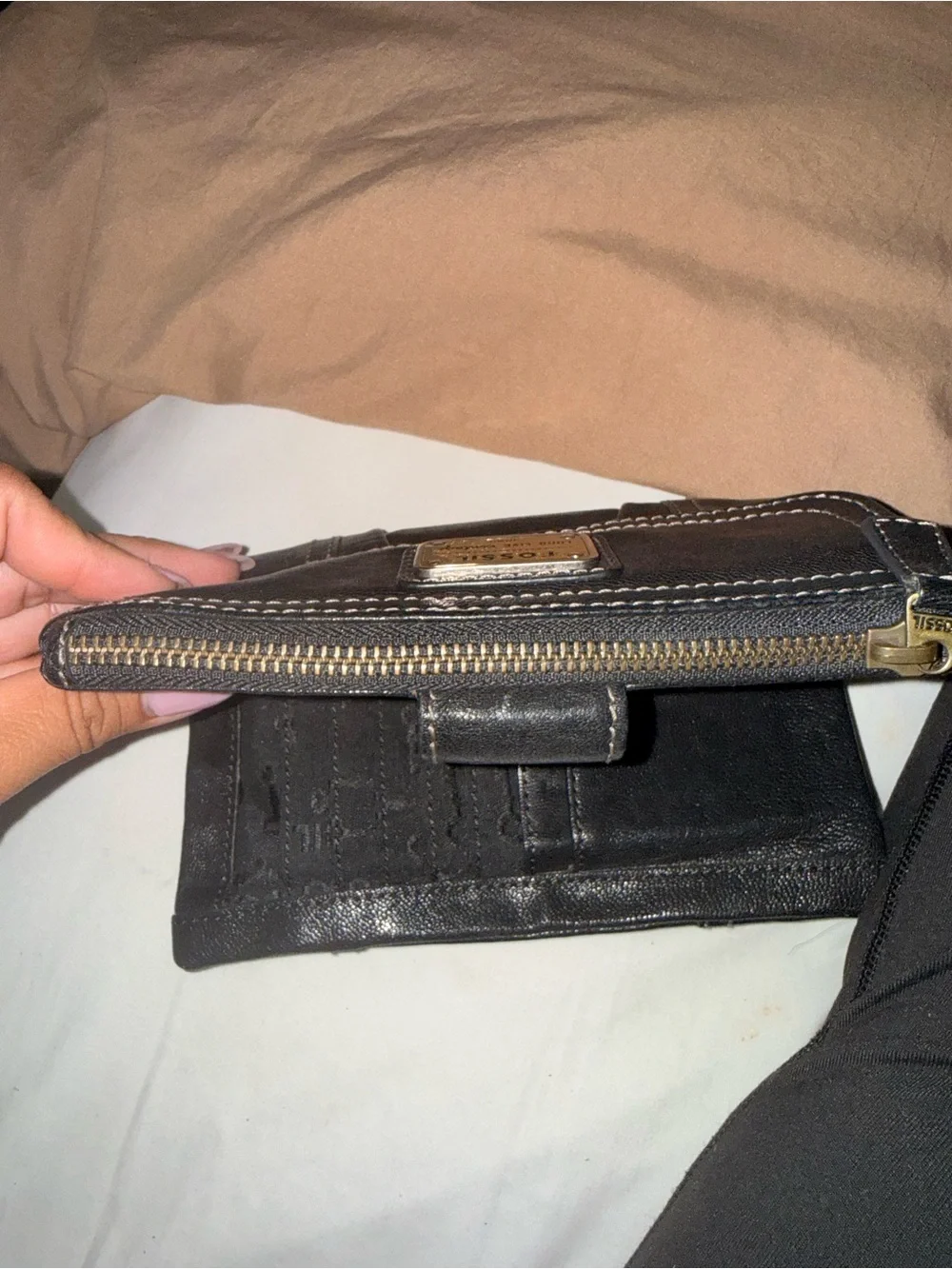 Fossil Black Leather Wallet with Gold Logo Plate